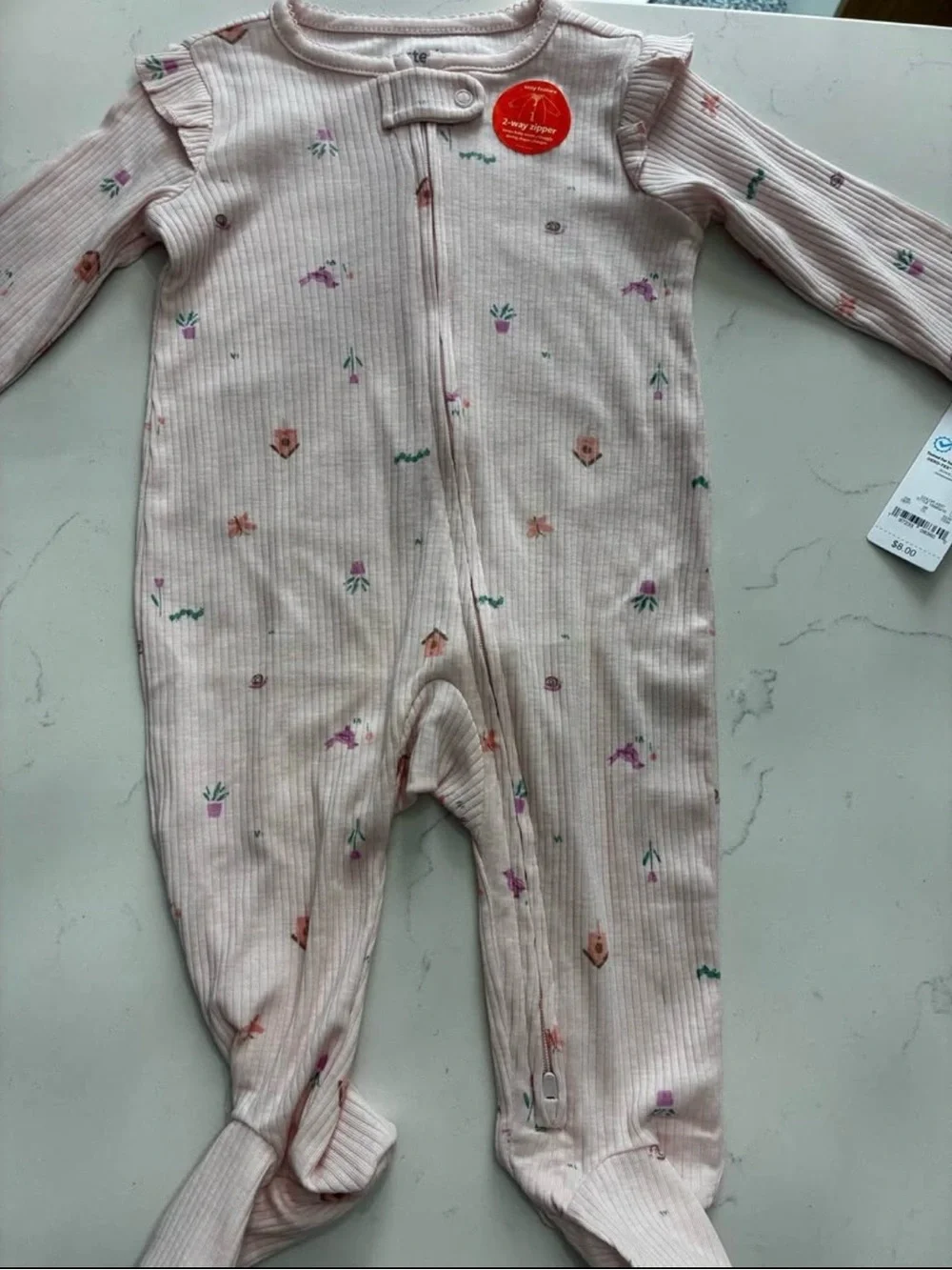 Carter's Light Pink Floral Ribbed Footed One-Piece
